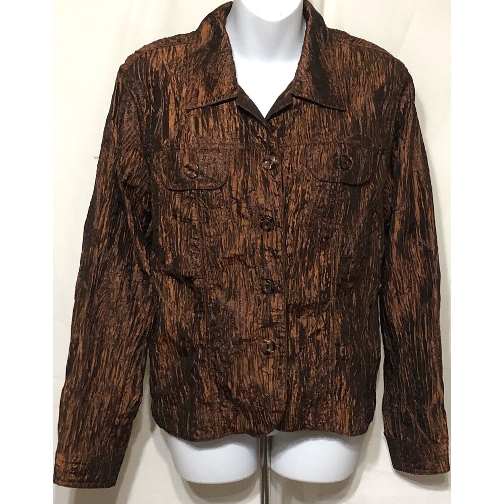 Coldwater Creek Shacket Ruched Satin Top M Brown Embroidery pockets Cottage Boho